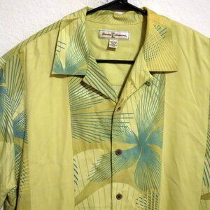 Tommy Bahama Shirt Mens Large Short Sleeve Button Silk Camp Yellow Green Lines